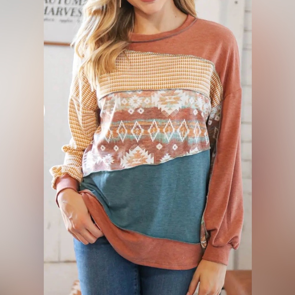 Sugarfox Patchwork Two Tone Aztec Outseam top